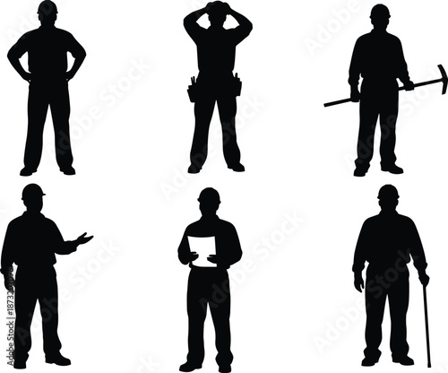Worker silhouette set illustration, construction laborer poses collection, industrial job professions, black minimal flat vector artwork design