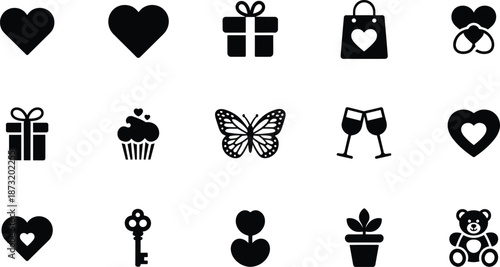 Valentine love icon set, black and white romantic symbols including hearts, gifts, rings, wine glasses, flowers, teddy bear, vector illustration for love celebrations