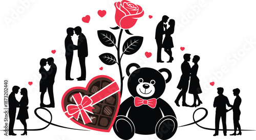 Valentine love illustration with romantic couple silhouettes, red rose, teddy bear and heart chocolate box, colorful vector design for romance, dating, celebration themes