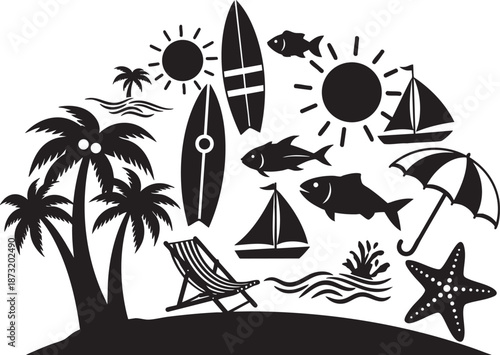 Beach vacation silhouette with surfboards palm trees and sea creatures