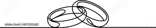 Two elegantly intertwined wedding rings are drawn with a single continuous black line on a clean white surface