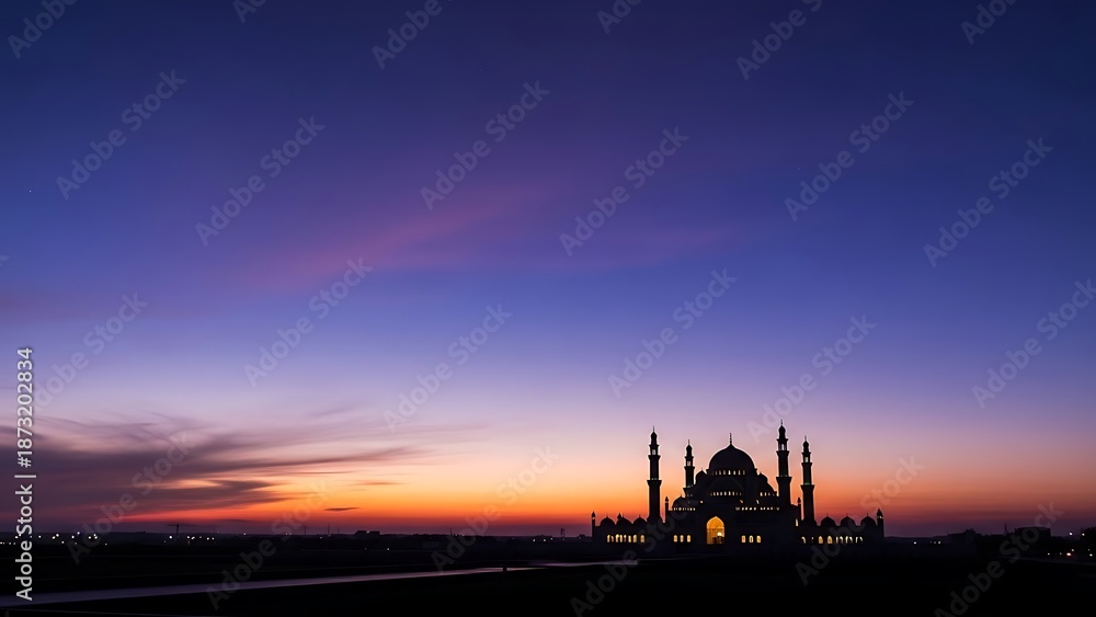 Fototapeta premium Majestic mosque silhouette at sunset with a dramatic purple and orange gradient sky