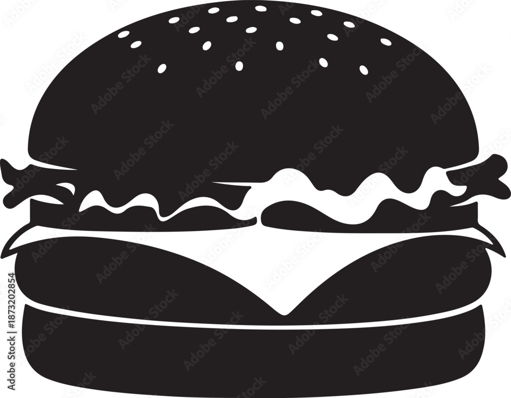 Fototapeta premium Simple black and white illustration of a hamburger with sesame seeds on bun