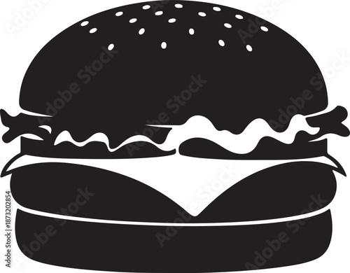 Simple black and white illustration of a hamburger with sesame seeds on bun