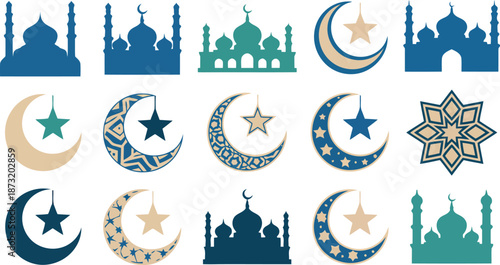 Various Islamic symbols including mosque silhouettes, crescent moons with stars, and a geometric star design