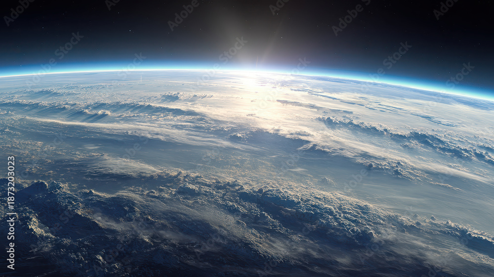 Fototapeta premium Earth atmosphere from space with sunlight reflecting on clouds, creating peaceful and awe inspiring view of planet horizon
