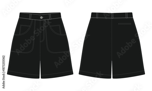 Technical drawing of black shorts front and back view