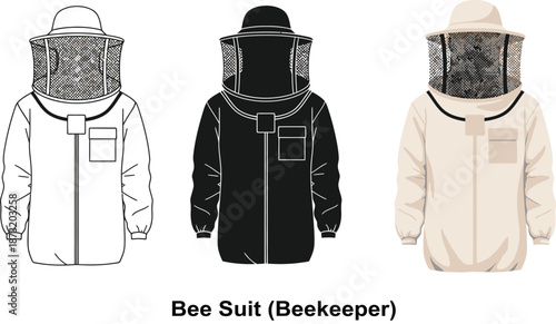 Collection of beekeeper suits in white black and cream offering protection for apiary work presented as flat vector illustrations on a white background