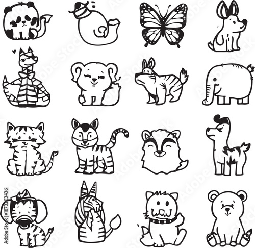 A Collection of Sixteen Playful Cartoon Animals in Various Poses and Outfits panda snail