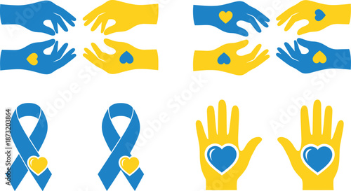 Support-themed hand and heart vector icons featuring awareness ribbons and caring gesture symbols in bold blue and yellow colors