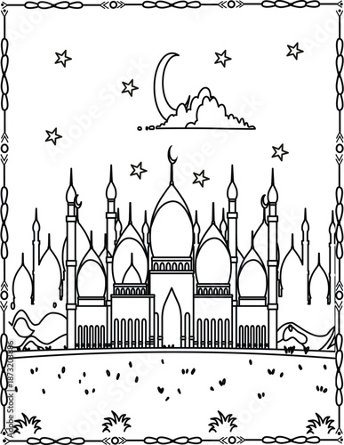 Peaceful Night at the Grand Mosque Under Crescent Moon. Mosque Coloring Page For Kids And Adults.