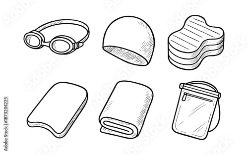 Collection of hand-drawn swimming accessories for training and leisure activities