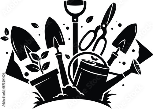 Professional collection of gardening tools including shovels, watering can, shears, and potted plants in a minimalist black and white style. Perfect for landscaping and horticulture design.