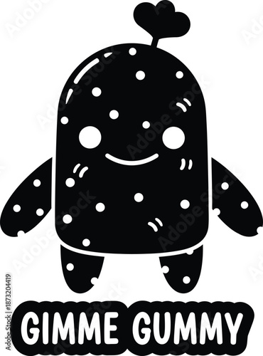 Giummy mascot logo design featuring a large smiling character with a smaller frowning friend on top. Minimalist black and white brand identity for candy, toys, kids products, and snack packaging.