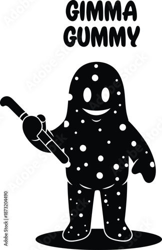 Giummy mascot logo featuring a large smiling character with a smaller frowning friend on top. Minimalist black and white brand identity for candy, toys, children products, and snack packaging.