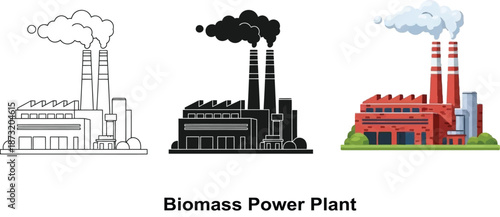 Collection of biomass power plant illustrations showing different styles from outline to full color representing renewable energy production