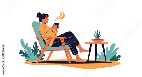 Woman relaxing in a comfortable chair outdoors, enjoying a hot cup of coffee or tea and embracing a calm, mindful lifestyle.