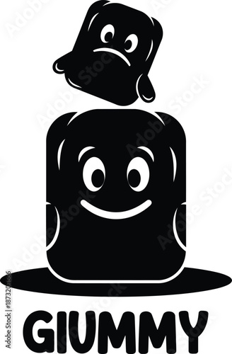 GIUMMY logo design featuring two cute minimalist characters in black and white style. A smiling large mascot and a smaller frowning one on top, perfect for candy brands, snacks, toys.