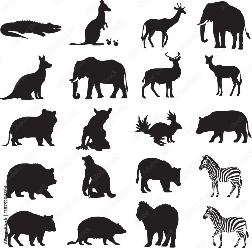 Fototapeta premium Collection of Black Animal Silhouettes Featuring African Wildlife and Forest Creatures vector illustration