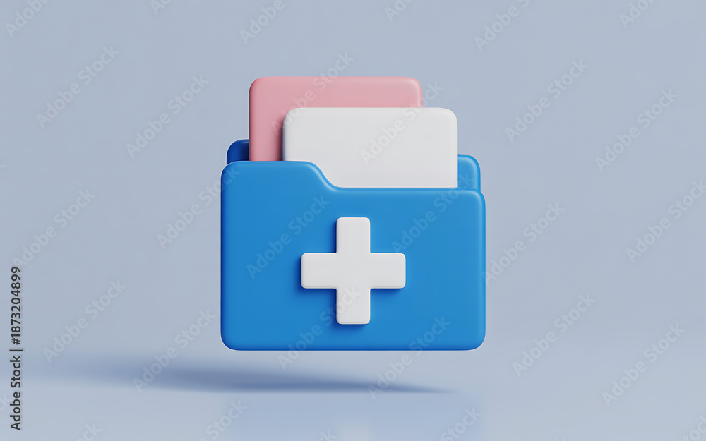 Fototapeta premium Clean 3D Blue Folder Icon with a Plus Sign and Documents, Representing File Creation, Data Organization, and Efficient Digital Record Keeping