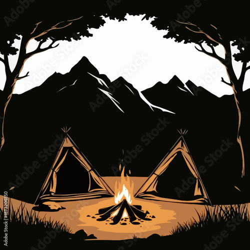 Camping tents with campfire surrounded by mountains and trees  