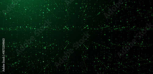 Futuristic green digital matrix space with binary code streams and glowing horizon line, symbolizing data transfer, cybersecurity, virtual networks, artificial intelligence vector background 