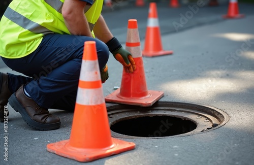 Utility worker near open sewer. Road repair concept. Manhole cover lifted. Orange traffic cones surround hatch. Safety concept. Worker checks condition of sewage system. Maintenance work underway on