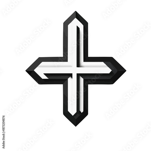 3D abstract geometric cross icon in black and white