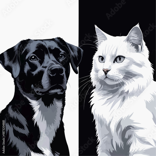 Black dog and white cat illustrated on contrasting backgrounds  