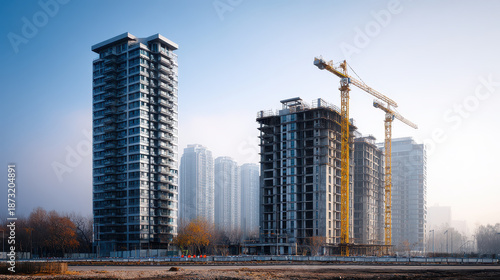 Modern high rise buildings under construction with cranes in urban area during foggy morning, showcasing architectural development and city growth