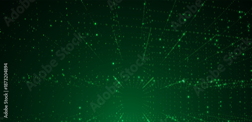 Futuristic green digital matrix space with binary code streams and glowing horizon line, symbolizing data transfer, cybersecurity, virtual networks, artificial intelligence vector background 