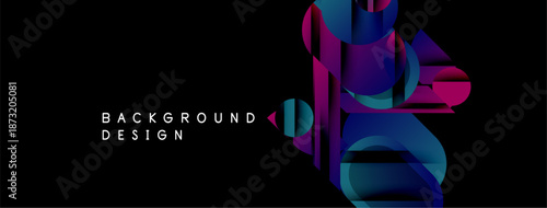 Abstract design features vibrant ribbons, gradients. Dark background emphasizes colorful shapes, modern aesthetic. Minimalist text complements visual element.
