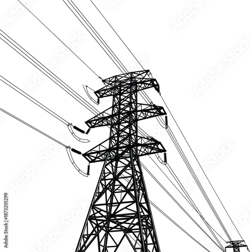 Low angle perspective electricity transmission tower vector illustration with high voltage power lines isolated on white background for industry.