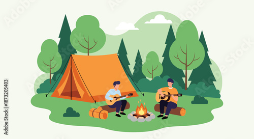 Two friends enjoying a camping trip in the forest, playing guitars and singing together around a campfire next to their tent.