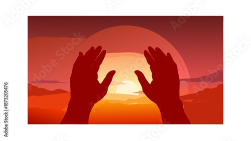 A close-up silhouette of two hands raised in supplication (Dua) against a breathtaking sunset horizon. The sky is a mix of fiery red and deep orange. Minimalist, emotional, and powerful religious icon