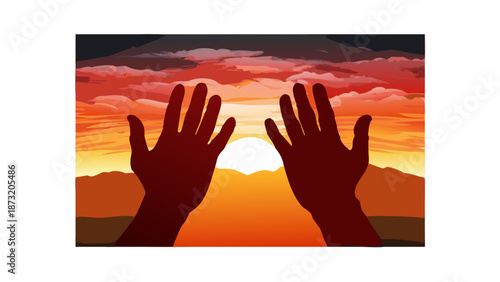 A close-up silhouette of two hands raised in supplication (Dua) against a breathtaking sunset horizon. The sky is a mix of fiery red and deep orange. Minimalist, emotional, and powerful religious icon