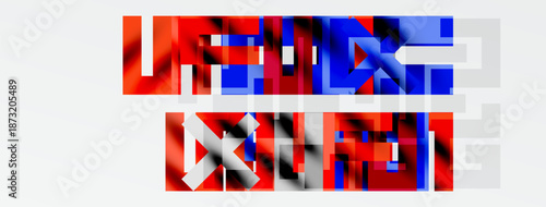 Abstract geometric shapes, red and blue hues dominate. Pixelated blocks form fragmented text or patterns. Minimalist design, simple composition.