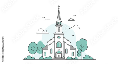 Line art illustration of a traditional Christian church building with a steeple, set in a peaceful landscape with trees and clouds.