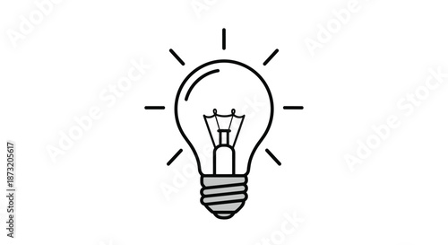 Simple black and white line icon of a glowing light bulb, representing a new idea, innovation, creativity, and inspiration.