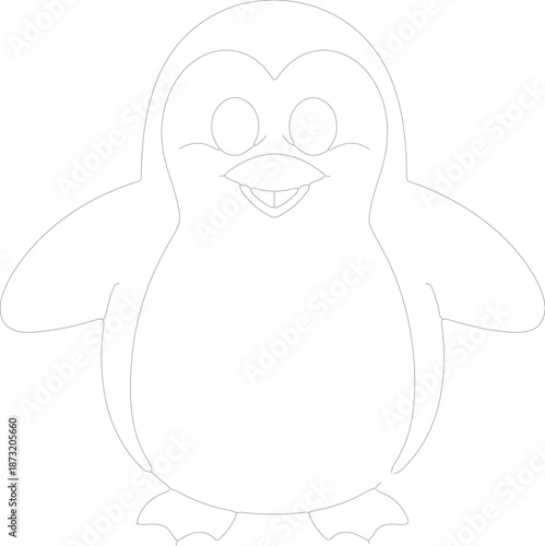 Outline illustration of a smiling cartoon penguin with closed eyes and open beak on a white background