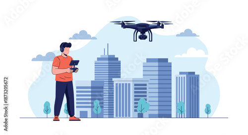 Man operating a drone with a remote controller in a modern city, capturing aerial photography and video of the urban skyline.
