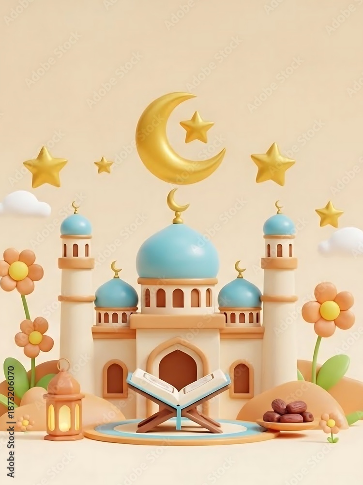 Fototapeta premium Islamic Mosque with Quran and Crescent Moon.
