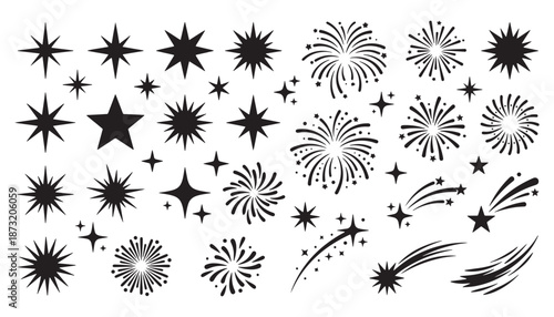 Firework and Starburst Icon Set. Minimal Celebration Symbols, Sparkle and Shooting Star Silhouettes, Hand drawn doodle confetti ornament