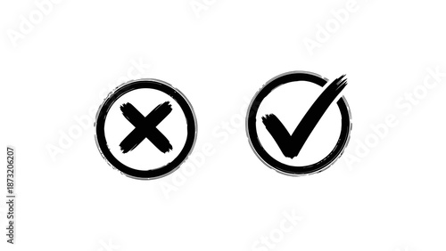 Two hand-drawn circular icons, one with a cross and the other with a checkmark, against a white background.