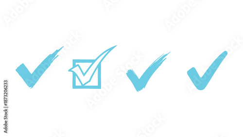 Four stylized blue checkmarks are displayed horizontally against a white background, with variations in their design.