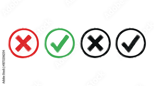 Four circular icons, two red crosses and two green checkmarks, on a white background.