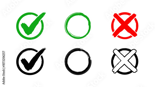 A set of six hand-drawn icons representing checkmarks, circles, and crosses in green, red, and black.