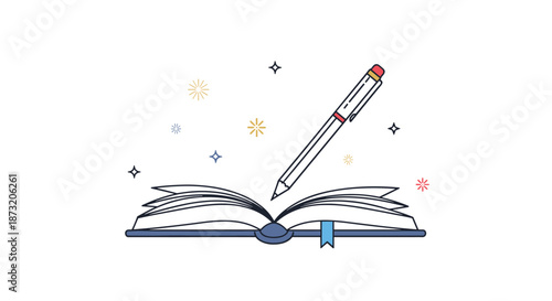 Pen hovering over an open book with a bookmark, surrounded by sparkles, symbolizing writing, storytelling, and creative inspiration.