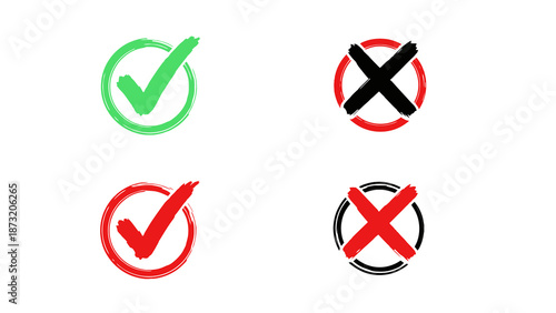 Four different hand-drawn checkmarks and crosses within circles, representing choices and decisions.