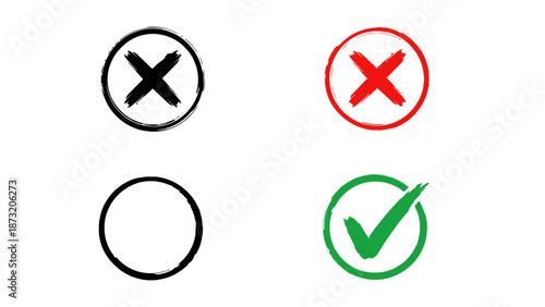 Four circular icons representing a cross mark, a check mark, and two empty circles.